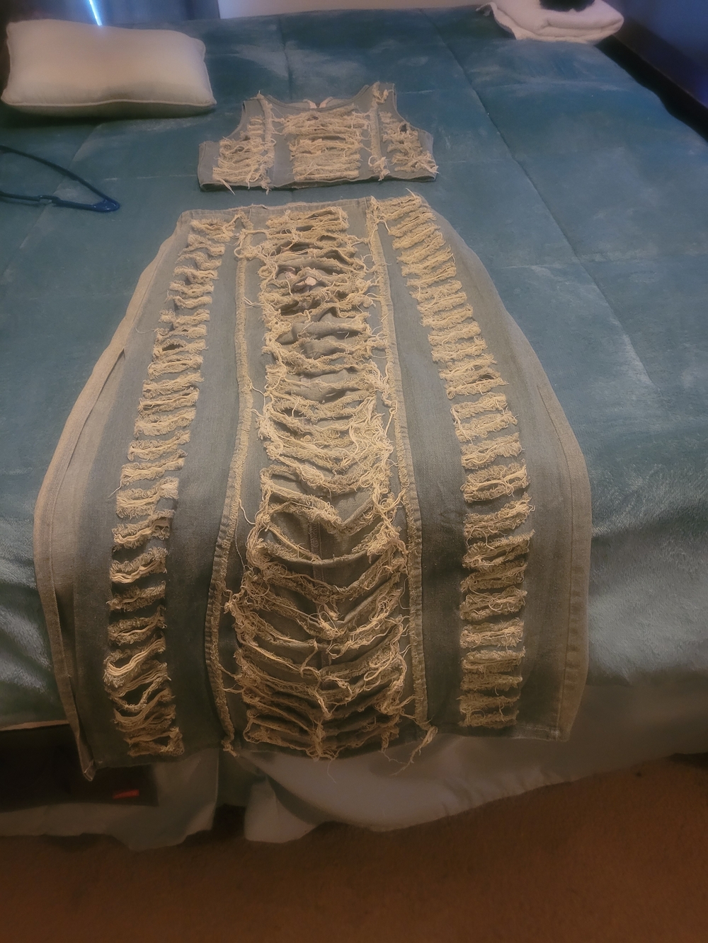 Frayed Denim Two-Piece Set in Light Blue